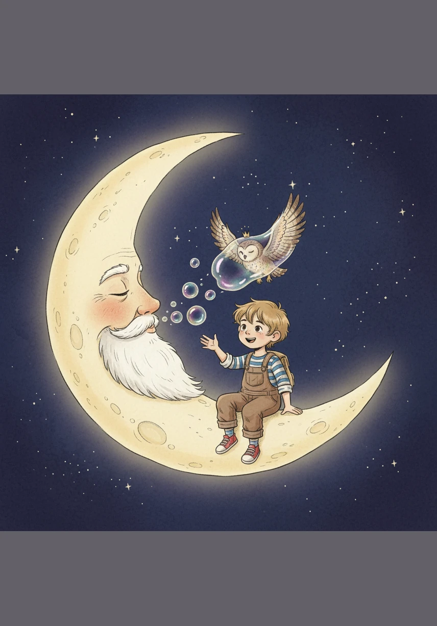 They arrive at the Moon's edge, where a friendly Man in the Moon is busy blowing bubbles that turn into beautiful dreams for children everywhere. Oliver helps catch a few sparkling bubbles, feeling the gentle warmth of the moonlight on his happy face.