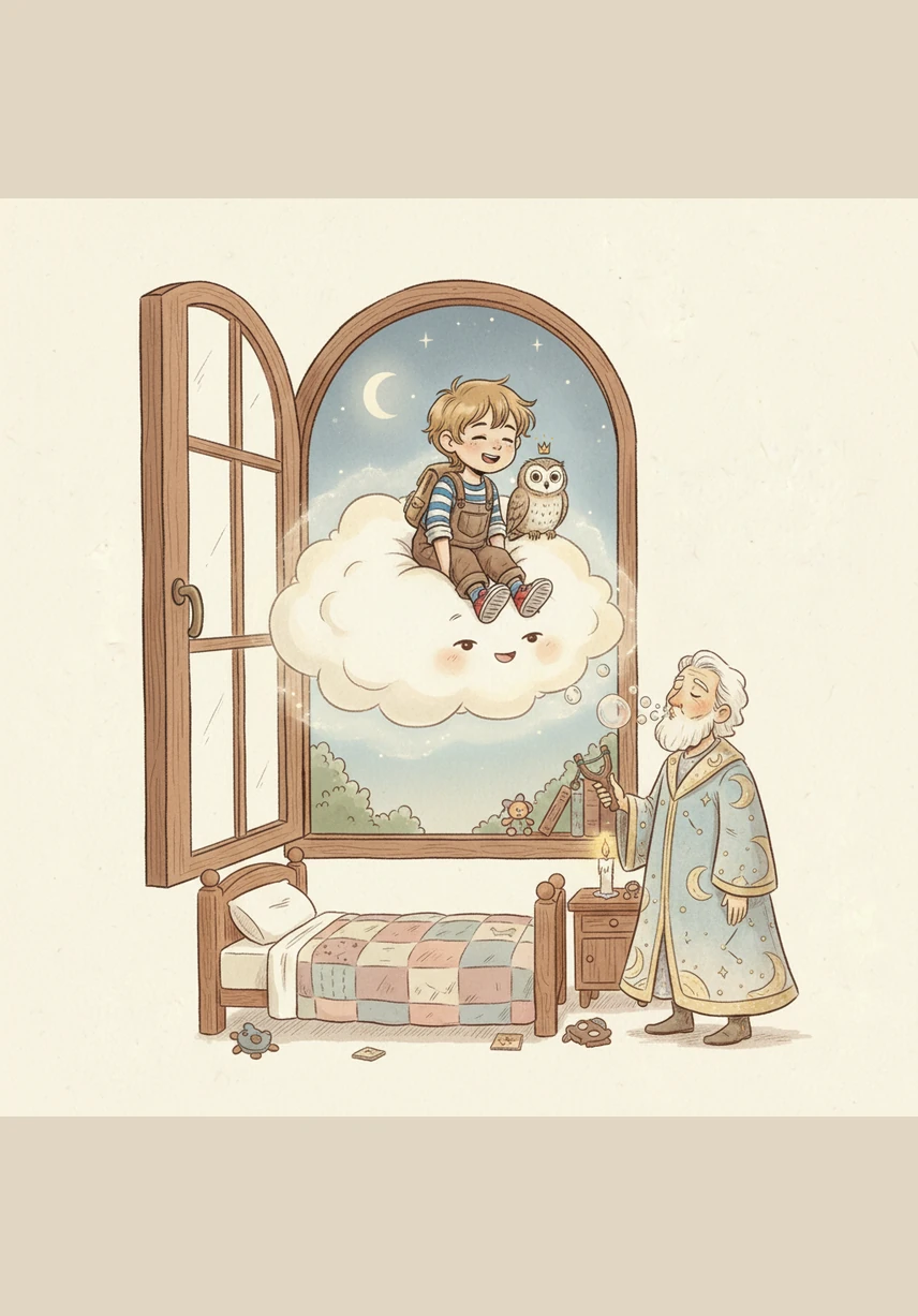 The fluffy cloud carries Oliver back through the window and gently tucks him back into his cozy, warm bed. With a happy sigh and a head full of magic, he closes his eyes and falls into a deep, peaceful sleep.