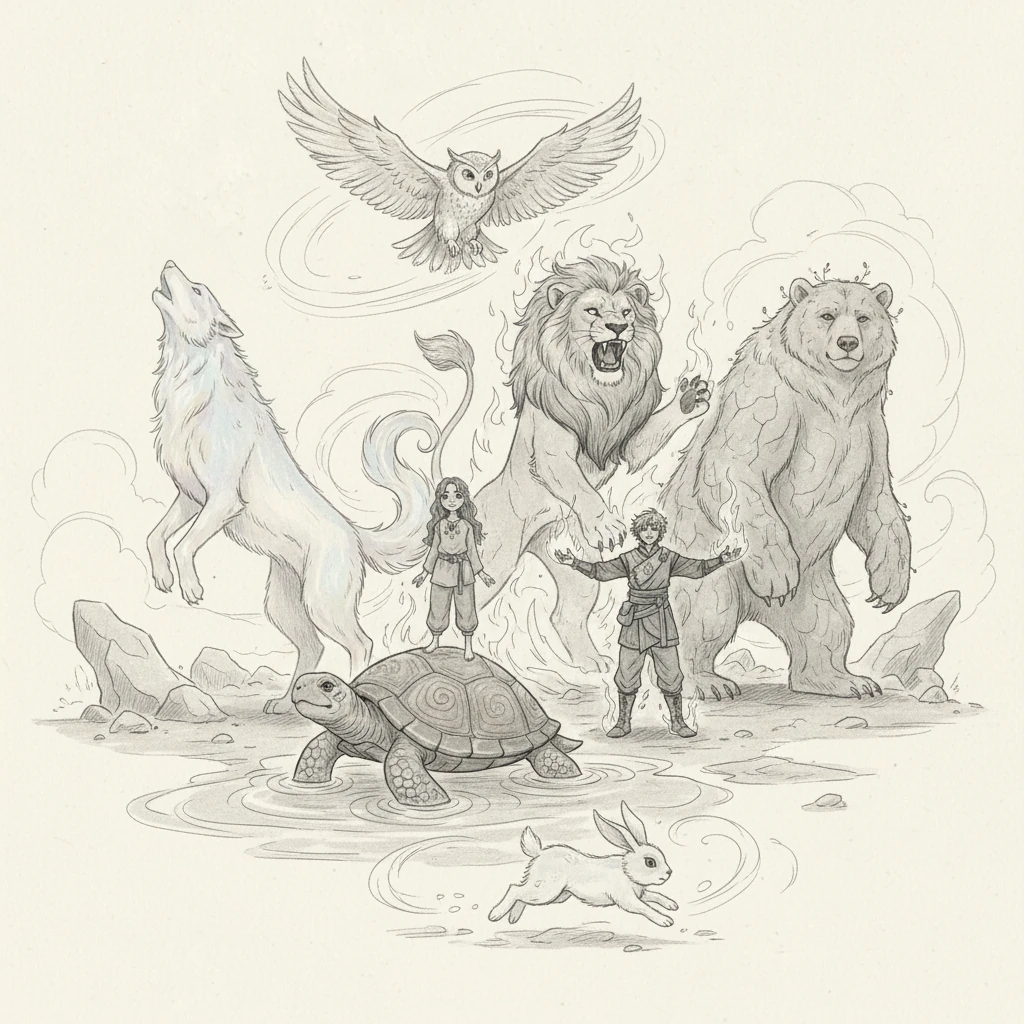 From the raw, untamed earth, six magnificent Elemental Spirits emerged. Lunaris, the Wolf of Moon, shimmered with ethereal light; Maya, the Turtle of Water, rippled with ancient wisdom; Blaze, the Lion of Fire, roared with fiery majesty; Charlotte, the Owl of Wind, soared with silent grace; Terran, the Bear of Earth, rose with stoic strength; and Winter, the Rabbit of Snow, bounded with gentle purity.