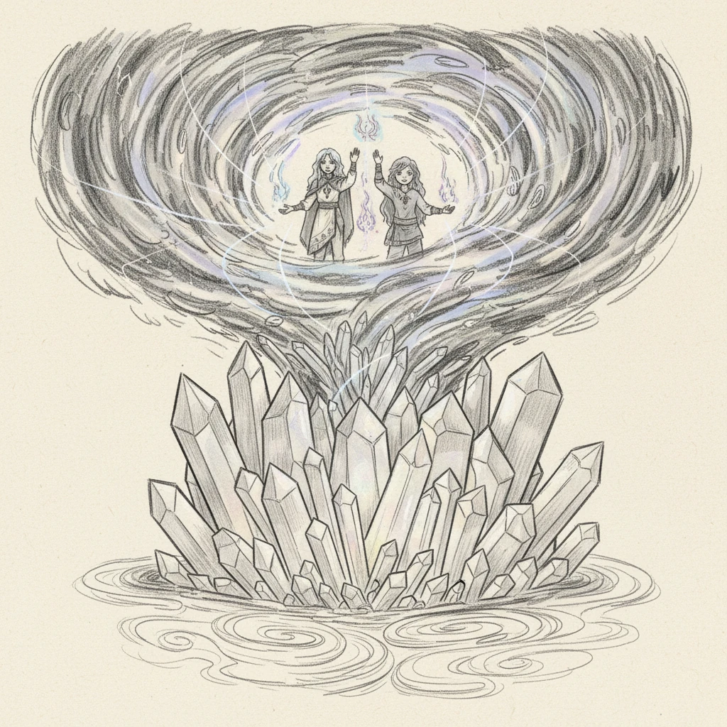 Together, their immense power converged, forming a swirling whirlpool of cosmic energy. Beneath its churning depths, they sculpted a breathtaking crystal cavern, its facets glowing with nascent magic. This was the heart of their creation, a sacred space from which new worlds would unfurl.