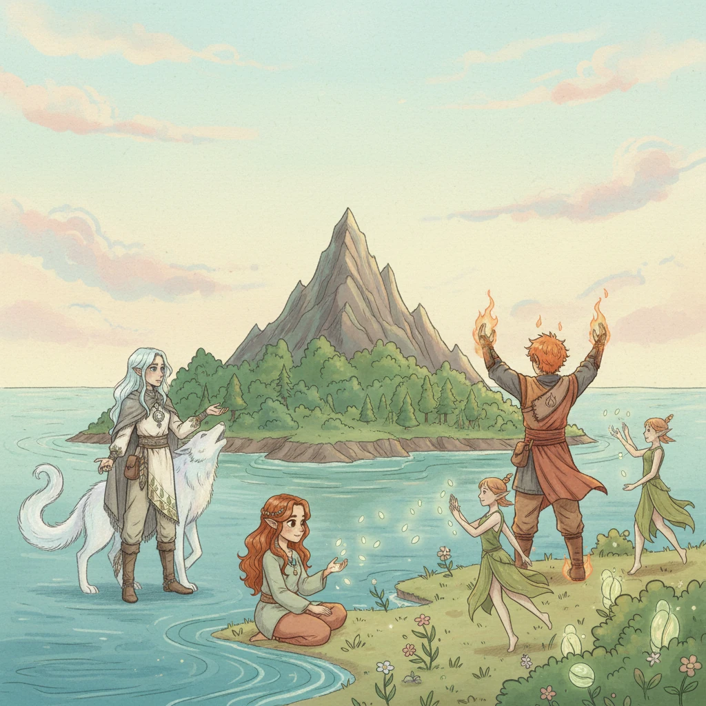 With a shared vision, the Spirits began to craft the outside world. They raised a verdant island from the pristine waters, its shores embracing lush forests and towering peaks. Then, with delicate artistry, they brought forth the first elves, graceful beings who danced in harmony with the burgeoning nature.