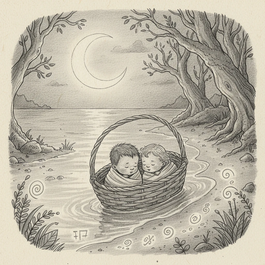 Years later, on the mystical shores of their island, a woven basket drifted ashore under the soft moonlight. Inside, nestled together, lay two tiny human infants, a boy and a girl, innocent and vulnerable. Their unexpected arrival signaled a new chapter for the island's inhabitants.