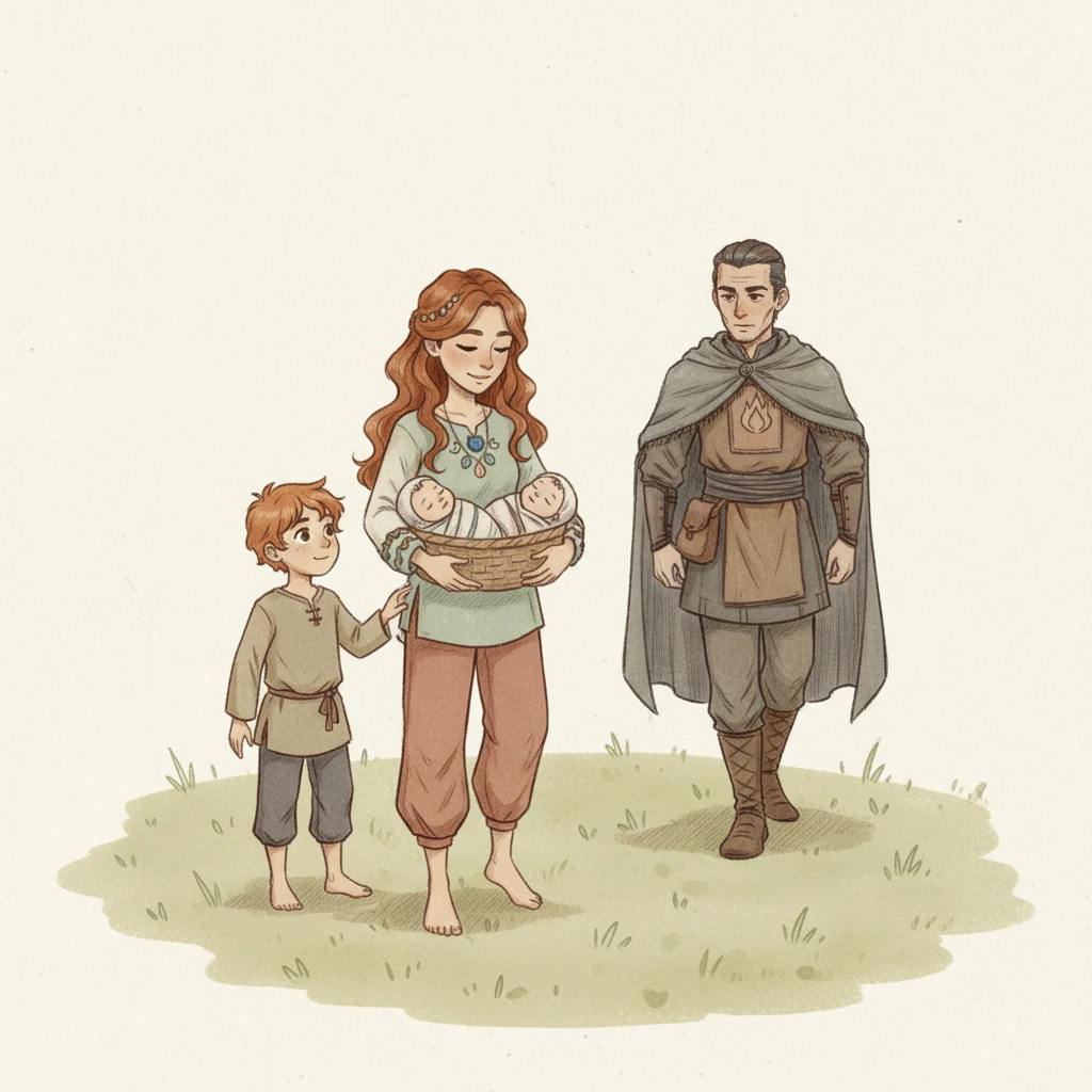 Neyara, a kind Creepy Person mother, discovered the basket with her young son, James, at her side. Her eerie smile softened into warmth as she found the human twins within. She carried the precious cargo to Vatar, the stern leader of their people, while James curiously trailed behind, reaching for the new arrivals.