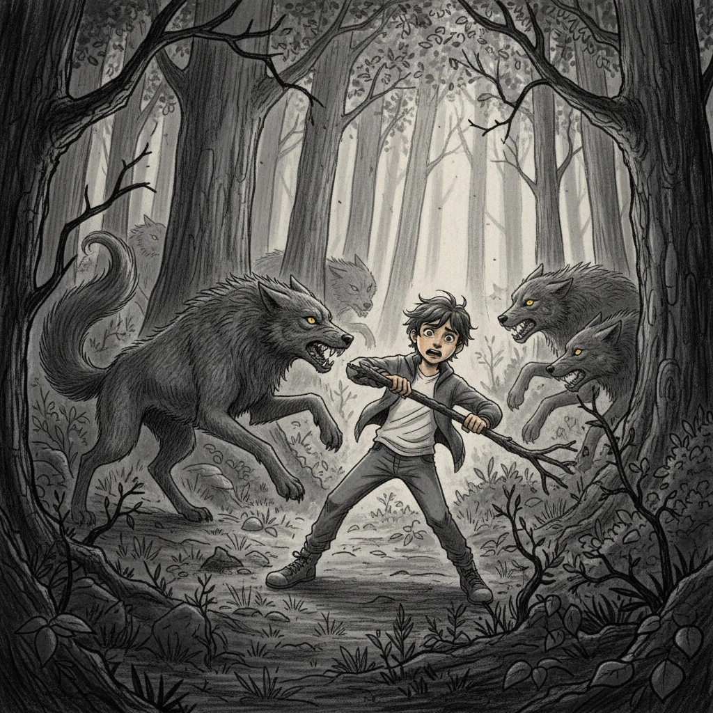 A catastrophic bus wreck brought 13-year-old Jake to Mythical Island, the sole survivor. Lost and disoriented, he wandered into the dense forest, only to be ambushed by snarling wolves. He desperately fought back with a stick, but the wild creatures were too strong, disarming him in a terrifying struggle.