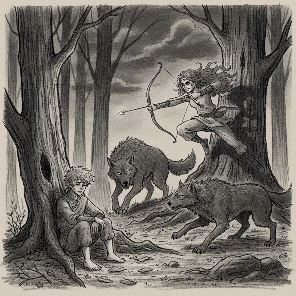 Just as despair threatened to consume him, a swift arrow pierced the air. Holly, a young human raised by the Creepy People, leapt from the shadows, her bowstring humming. She expertly drove off the wolves, her fierce protectiveness a beacon in Jake's dark moment.
