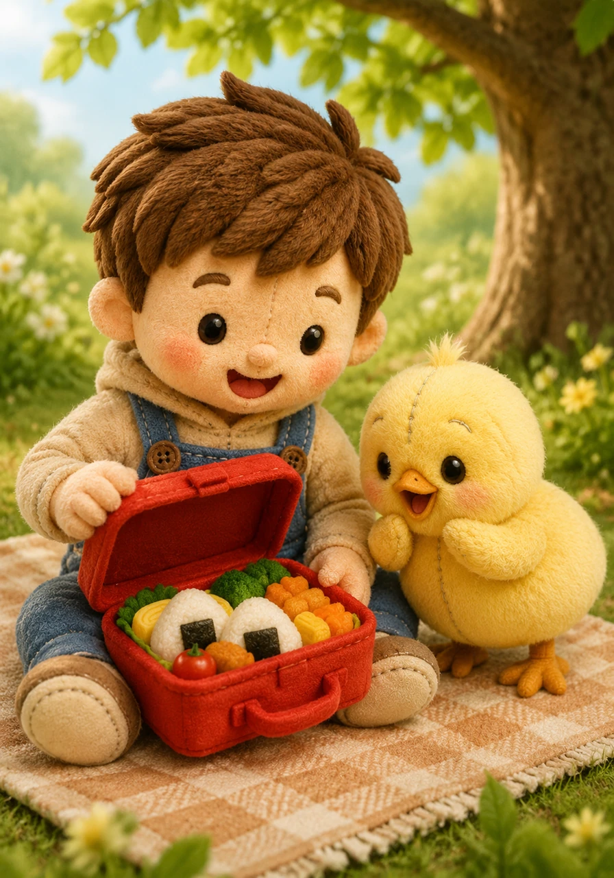 He opens his red lunch box to see what good food is inside.