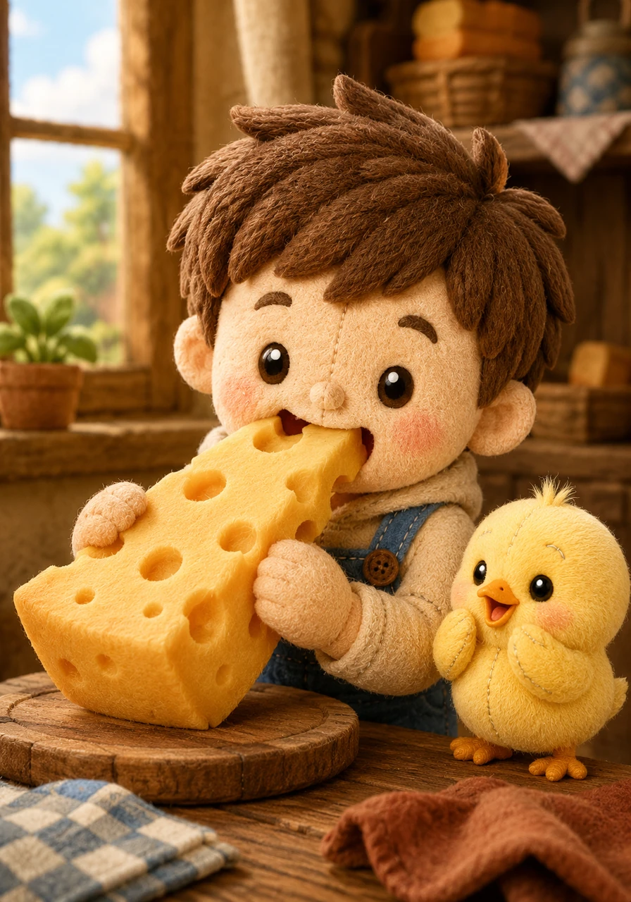 He takes a big bite of rich cheese that tastes so good.