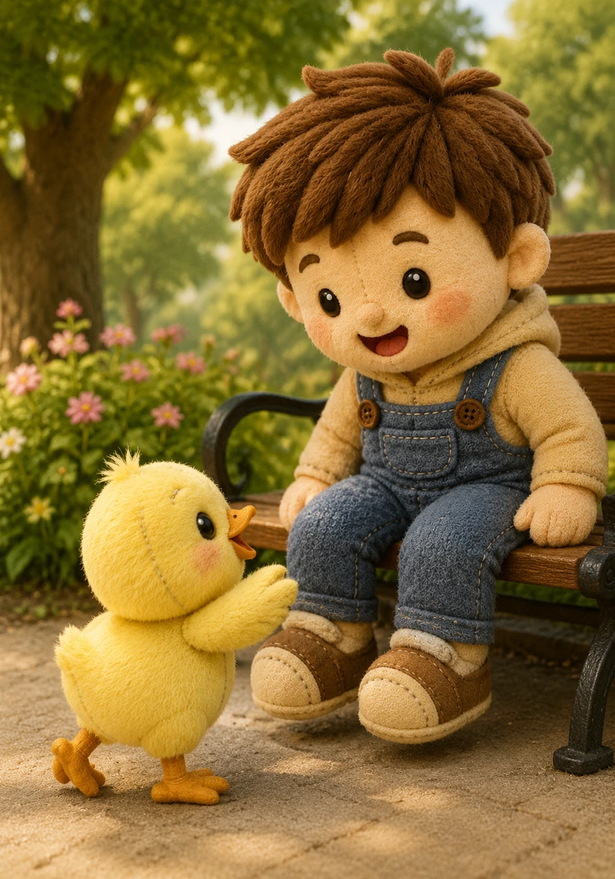 A small chick runs up to the bench and looks at Chad.