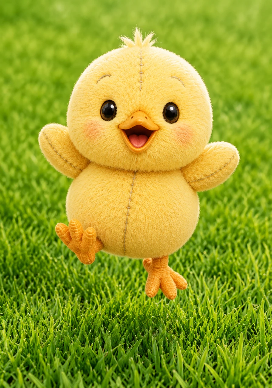 The chick can chirp and hop on the thick green grass.