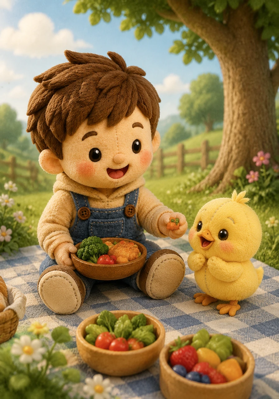 He gives a bit of his rich lunch to the glad little chick.
