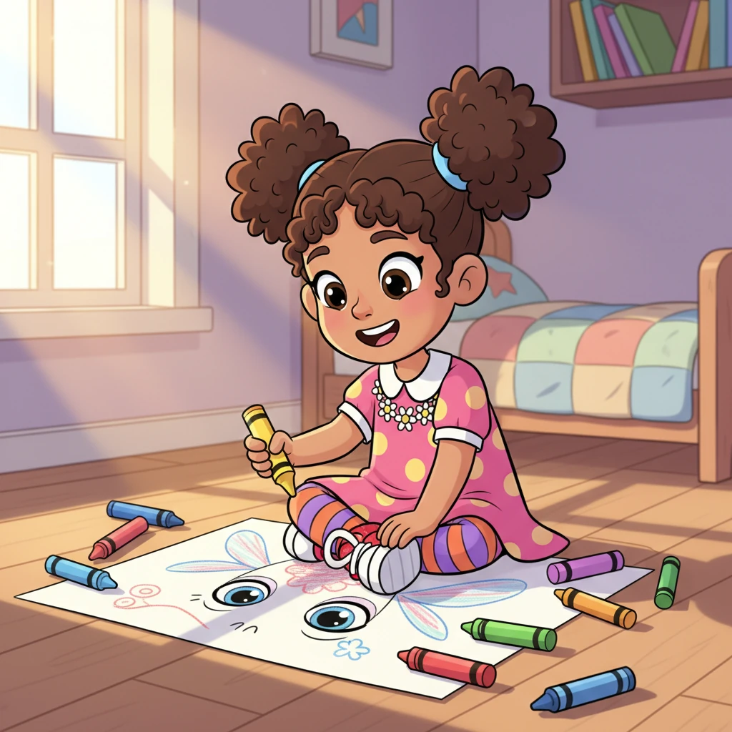 Little Adrianne, a bubbly girl with a wide smile, is happily drawing on her sun-drenched bedroom floor. Her chunky crayons are scattered all around her, creating a vibrant mess of artistic potential. She's sketching a fantastical creature with swirling lines and expressive, dreaming eyes.