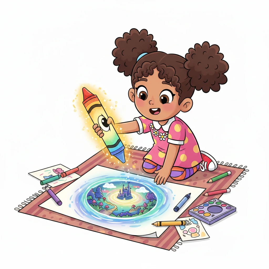 Suddenly, her favorite rainbow crayon winks with a mischievous sparkle, glowing brighter than all the others. A tiny, shimmering portal swirls open right in the middle of her drawing paper, revealing a peek into another world. It beckons her with a gentle, magical hum.