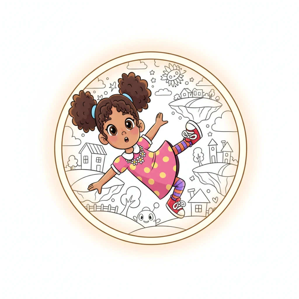 Curiosity bubbling, Adrianne peeks through the glowing portal and tumbles into a whimsical world. To her surprise, everything is completely made of bold, clean outlines, but utterly devoid of color! It's like stepping inside a giant, unfinished coloring book.