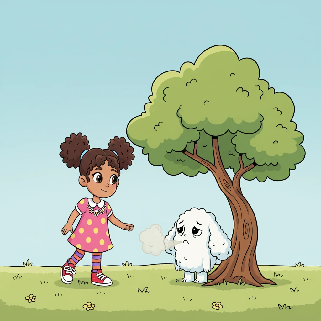 She soon meets a small, sad-looking, outlined creature, a fluffy cloud with drooping ears, sitting under an equally outlined tree. The colorless cloud sighs a puff of air that seems to disappear into the empty space. Its expressive face shows a deep longing for something more.