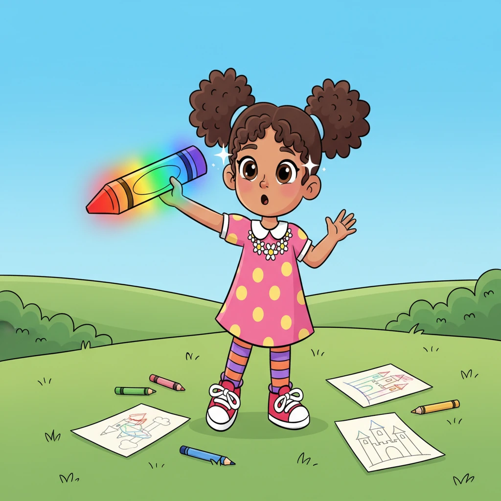 Adrianne gasps, realizing her magical rainbow crayon is still glowing softly in her hand! She remembers how much she loves to fill her own drawings with bright hues. A brilliant idea sparks in her mind, making her eyes twinkle with determination.