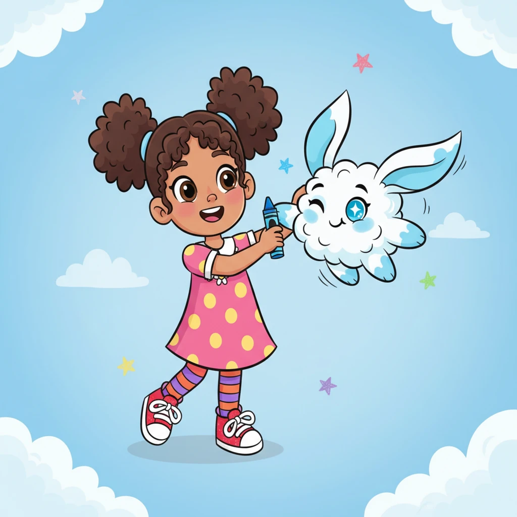 With a joyful giggle, Adrianne quickly chooses a bright blue crayon and colors the little cloud creature with fluffy whites and vibrant blues. Its ears perk up instantly, and it winks back at her with newly colored, sparkling eyes! The cloud creature bounces with pure glee.