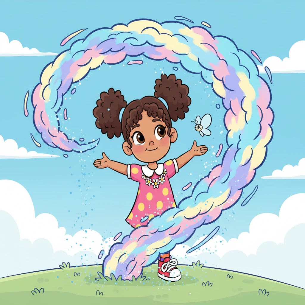 The now vibrant cloud creature twirls around Adrianne, showering her with tiny, sparkling blue dust. A tiny, outlined butterfly flutters by, its empty wings looking curious and hopeful. Adrianne feels a warmth spread through her heart, knowing she's made a difference.