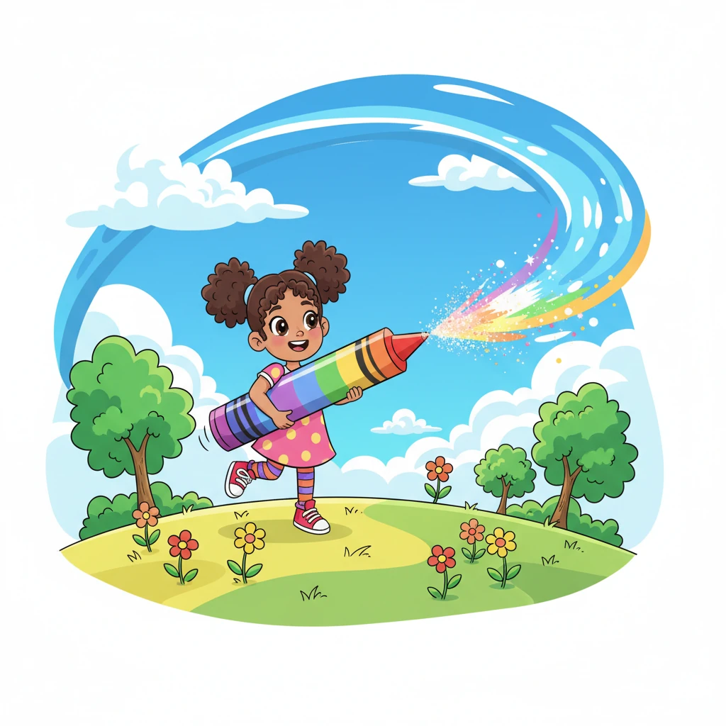 With a grand sweep of her magical rainbow crayon, Adrianne begins to color everything in sight! Trees burst into emerald green, flowers bloom in dazzling reds and yellows, and the sky fills with brilliant blues and fluffy white clouds. The world transforms into a vibrant, joyful wonderland.
