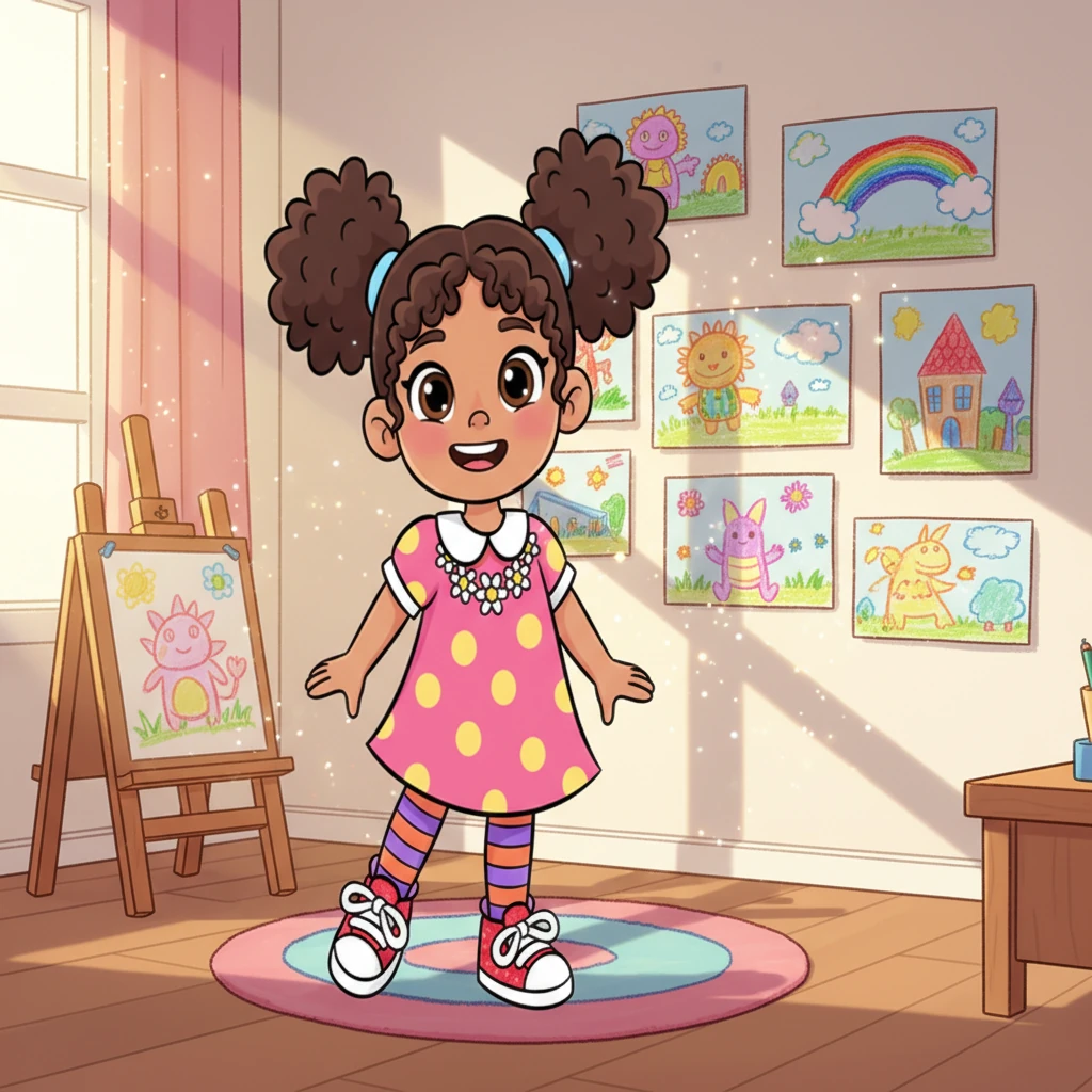 Back in her sunny room, Adrianne smiles, her drawings on the wall now shimmering with a faint, magical glow. She knows she's brought a world of color to life and that her imagination holds endless possibilities. The magic of her crayons will always be with her.