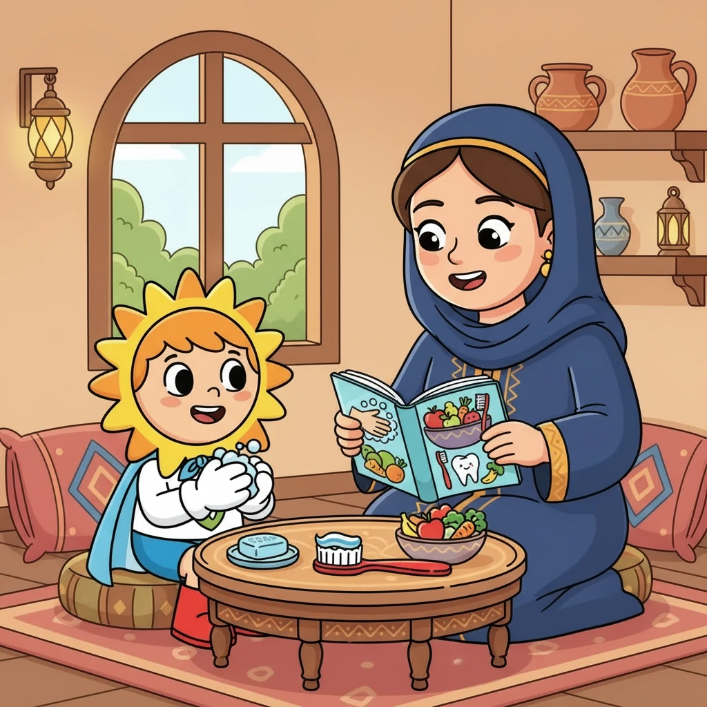 مادر آفتاب به او یاد داد که چگونه دست‌هایش را با صابون بشوید، مسواک بزند و غذای سالم بخورد. آفتاب با اشتیاق به حرف‌های مادرش گوش داد و تصمیم گرفت که از این به بعد بهداشتش را بیشتر رعایت کند.