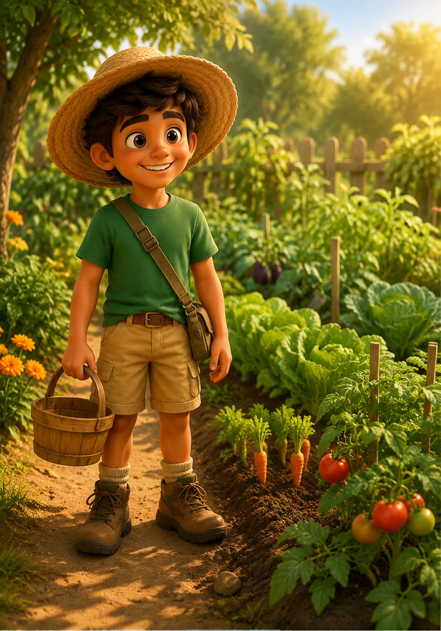 Leo stands at the edge of his family’s sun-drenched garden, wearing a wide straw hat and carrying a small wooden basket. He is ready to explore the many wonderful vegetables that grow in the rich, dark soil.