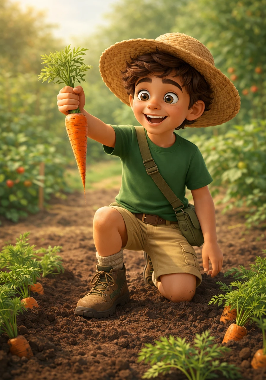 First, Leo finds the crunchy carrots hiding underground with only their feathery green tops showing. When he pulls one out, it is bright orange and shaped like a long, pointy cone that tastes sweet and fresh.