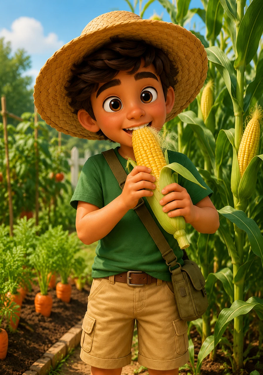 Next to the carrots, tall stalks hold up heavy ears of corn wrapped in silky green husks. Leo peels back the layers to reveal rows of golden yellow kernels that pop with sweetness when he takes a bite.