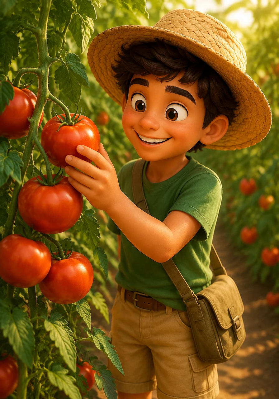 Leo moves to the vine section where round, plump tomatoes hang like red ornaments in the sun. They feel smooth and warm to the touch, and inside they are juicy and full of tiny seeds.