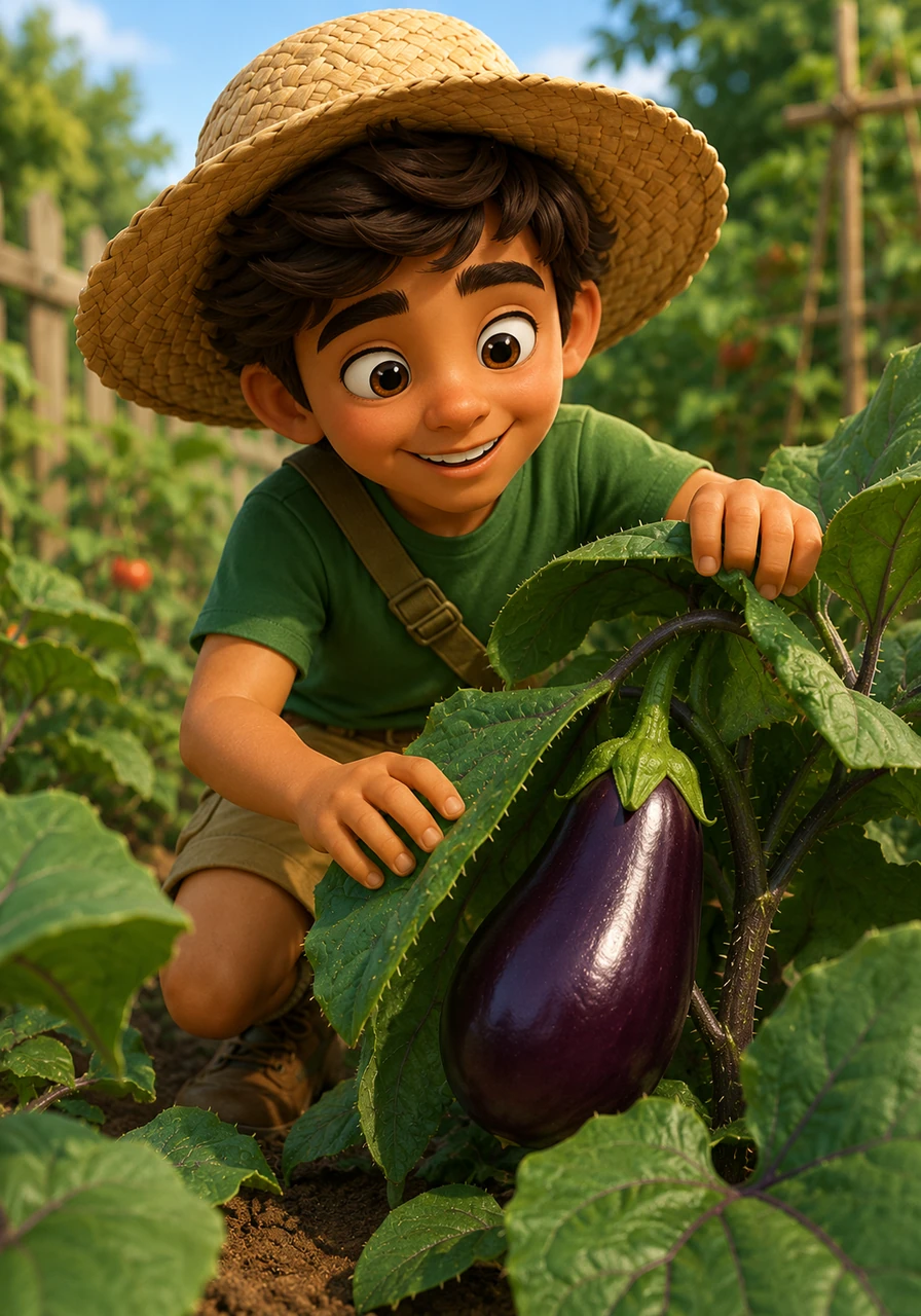 Among the big, prickly leaves, Leo spots a dark purple eggplant shaped like a large teardrop. It has a shiny skin that glows in the light, and his mom loves to cook it until it becomes soft and savory for dinner.