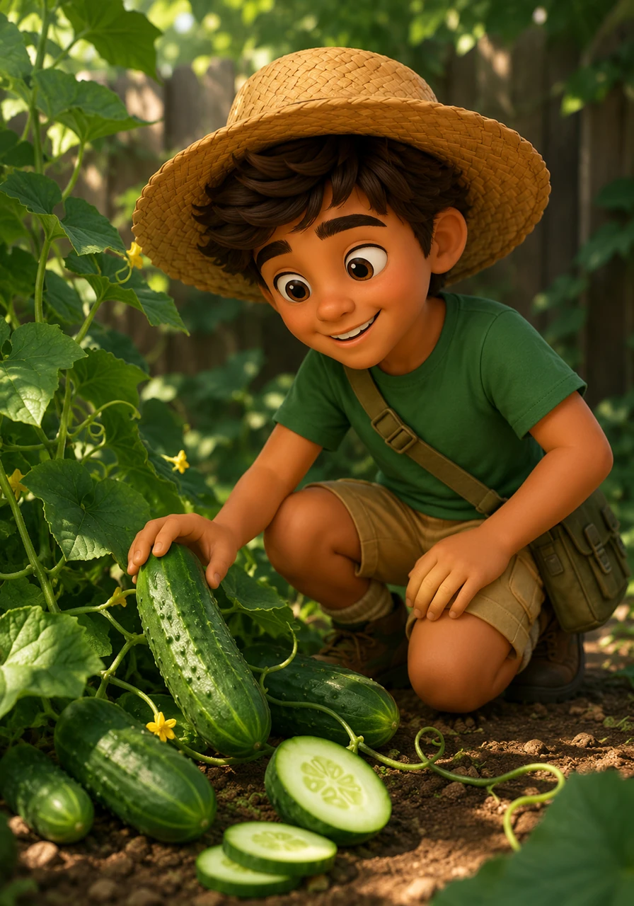 In a shady corner, Leo finds the crisp cucumbers trailing along the ground in long, green vines. They are bumpy on the outside and pale green on the inside, providing a cool and refreshing crunch on a hot day.