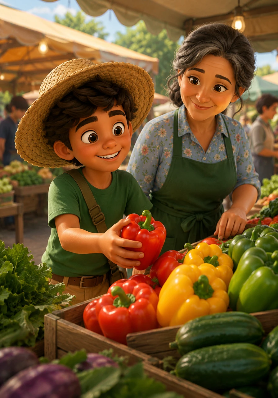 Leo reaches for the bright bell peppers, which look like colorful lanterns in shades of red, yellow, and green. They have a boxy shape and a mild, sweet flavor that makes every salad look like a rainbow.
