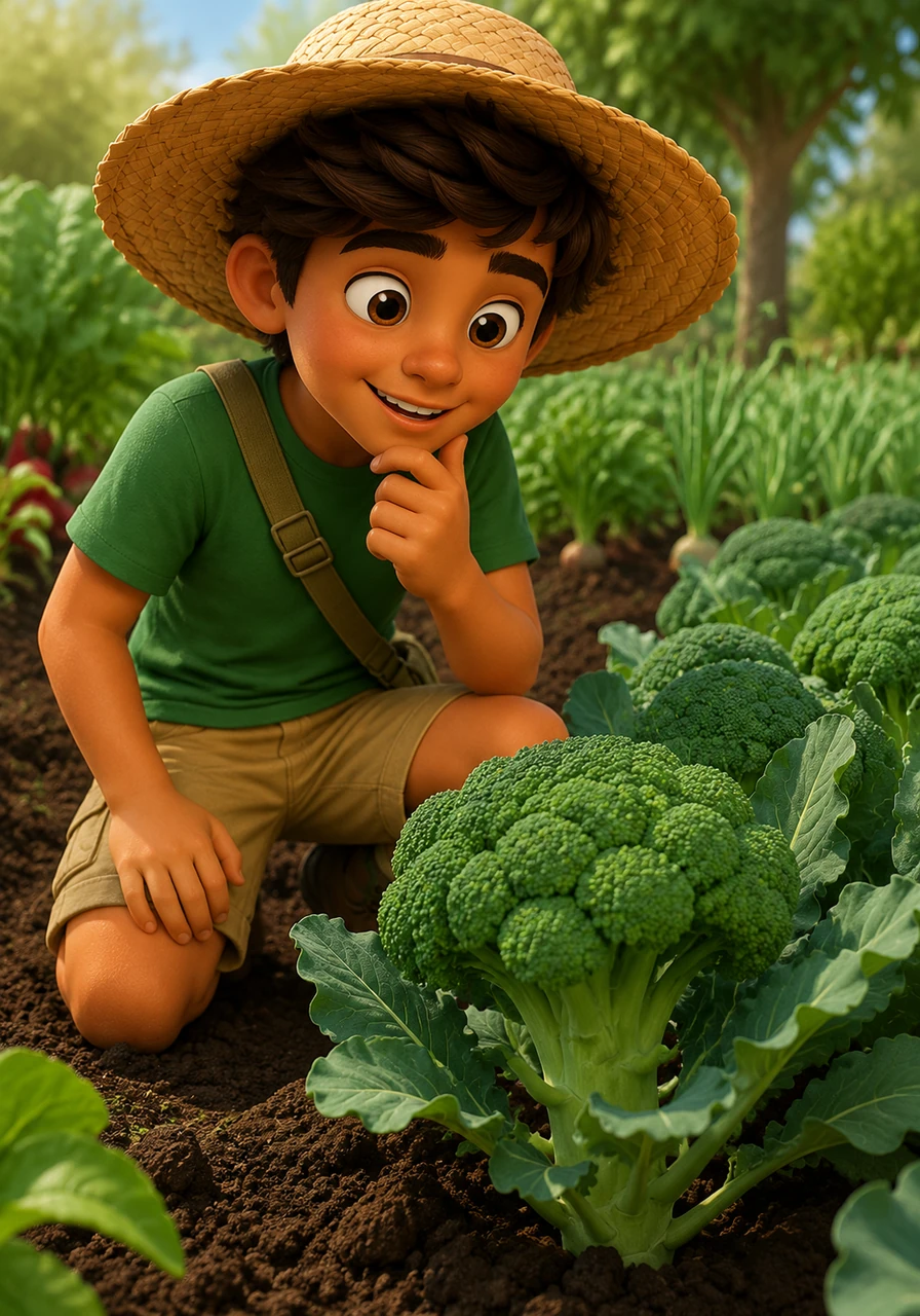 Down near the soil, Leo sees the sturdy heads of broccoli that look like tiny, bushy green trees. He knows these are very healthy for his bones and loves how the little florets soak up the flavors of his favorite spices.