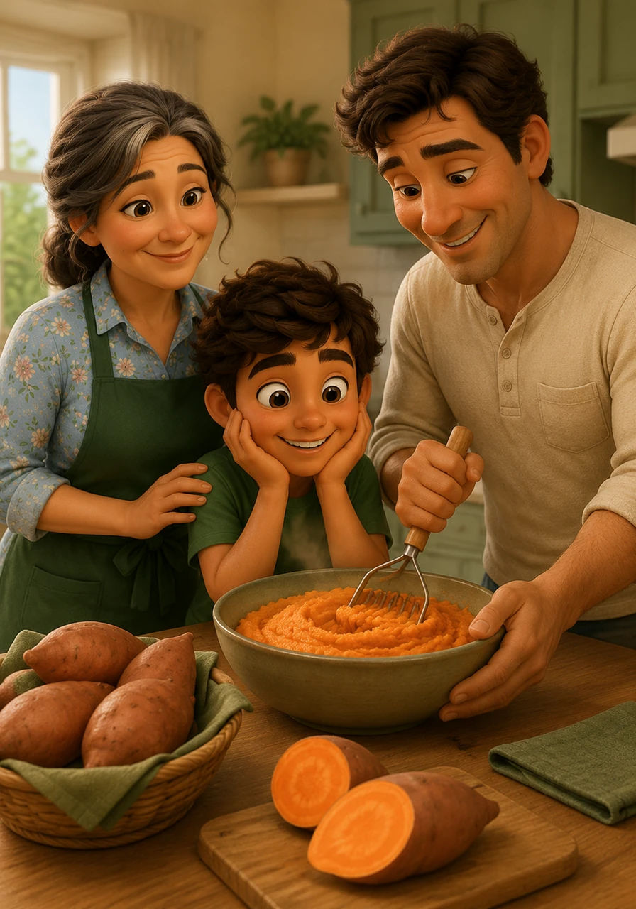 Leo's absolute favorite vegetable is the sweet potato, which has a dusty brown skin and a hidden heart of deep orange. At home, his dad mashes them into a creamy, sweet treat that feels like a warm hug in a bowl.