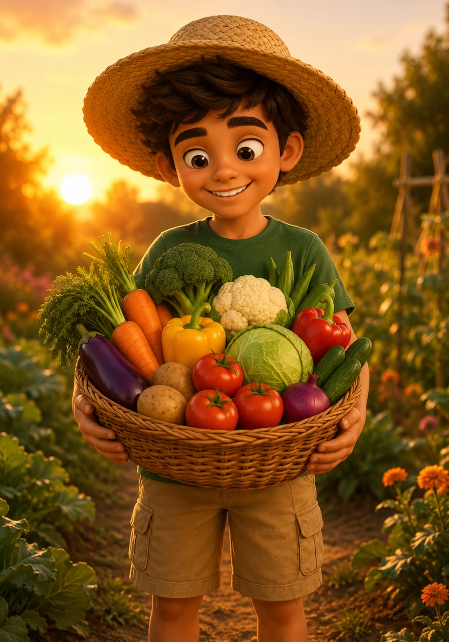 As the sun begins to set, Leo looks at his basket filled with ten different types of colorful vegetables. He feels happy knowing that eating these healthy treats from the earth helps him grow strong and energetic every day.