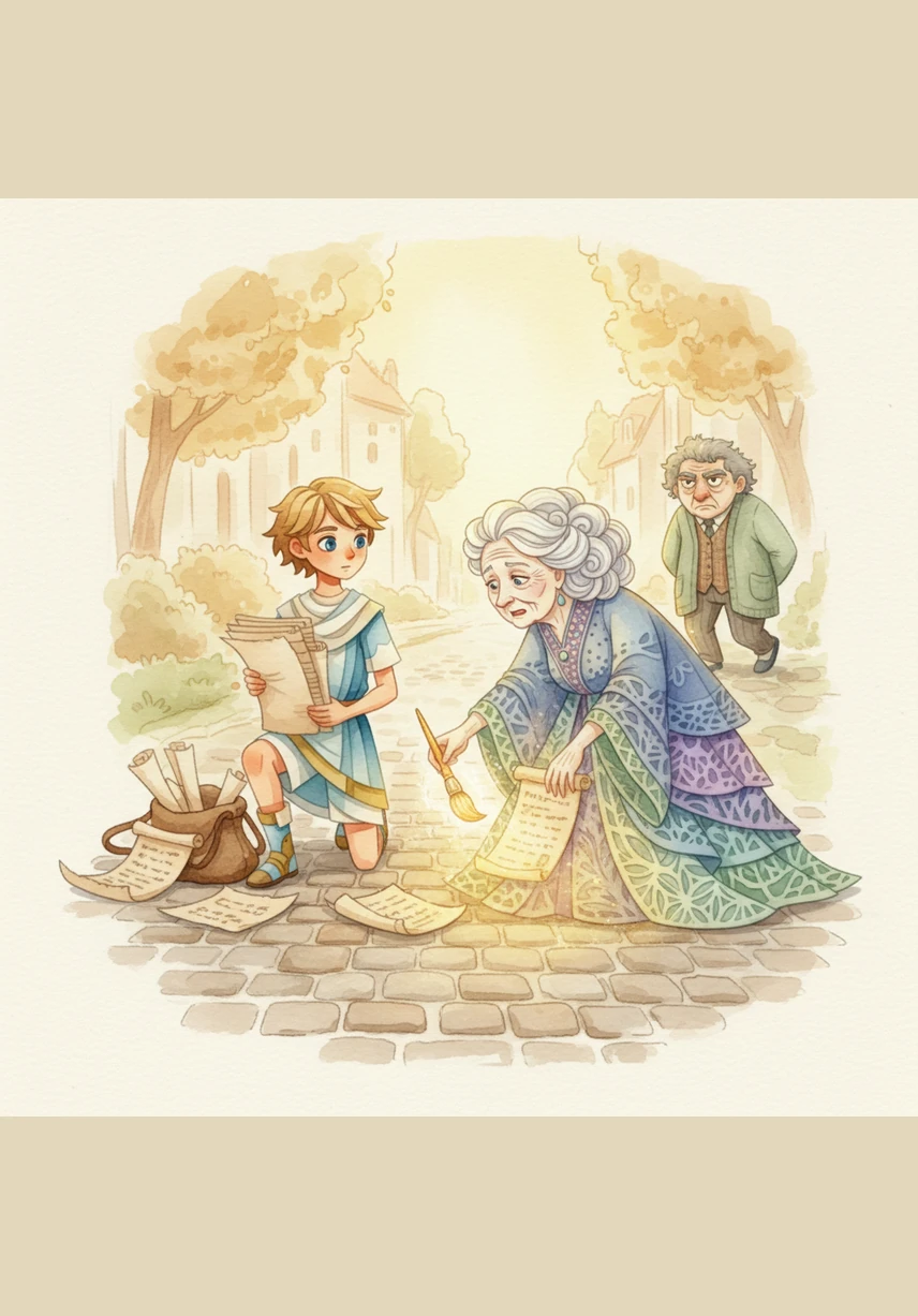 One afternoon, Leo stops to help an elderly woman gather her fallen papers, and suddenly, a shimmering Golden Brush appears in his hand. As he touches the bristles to the ground, the woman’s shadow erupts into a soft, honey-colored light.