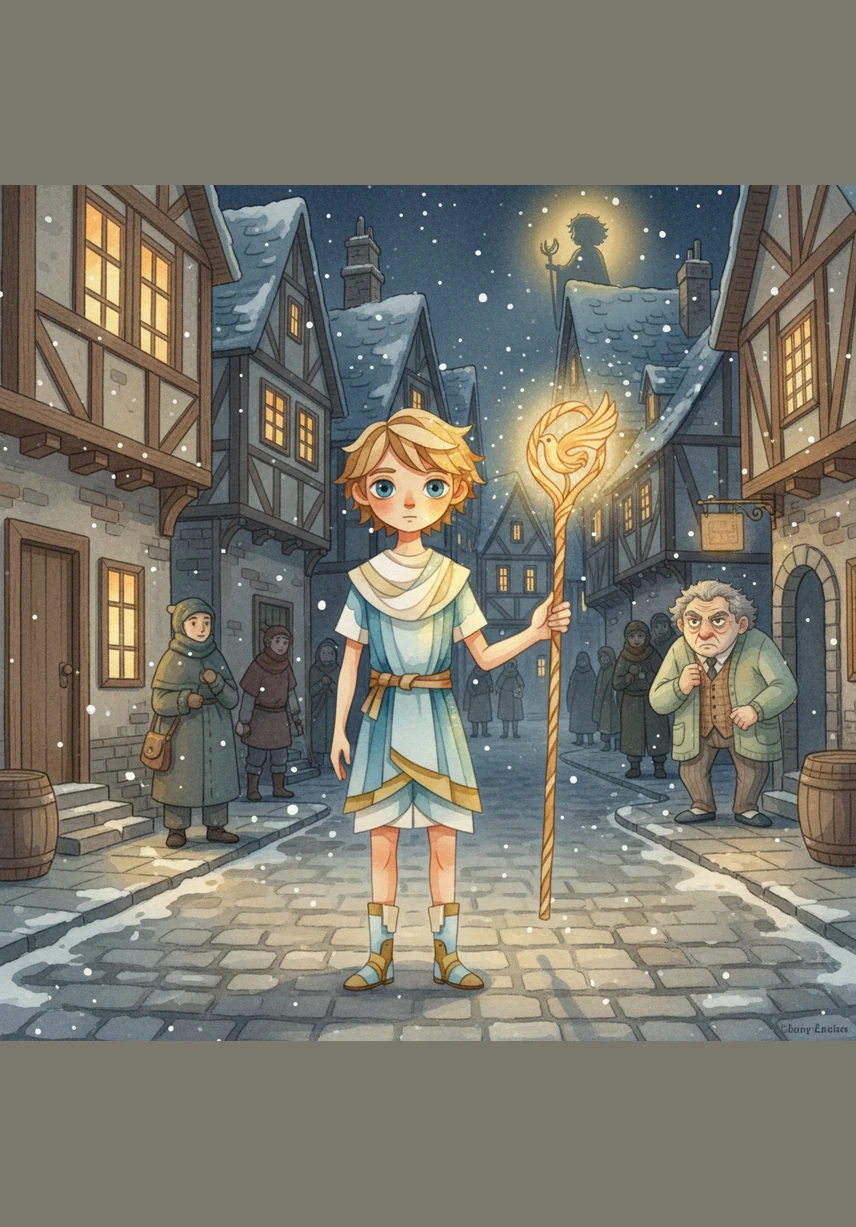 Leo realizes the brush responds to his heart, turning the dull silhouettes of his friends into vibrant tapestries of light. The paper-cut trees seem to lean in as he paints a trail of warmth through the cold, dark town.