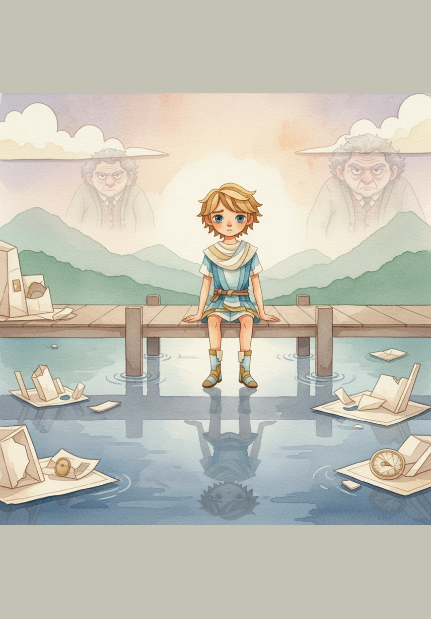 Sitting alone on a paper-cut pier, Leo looks at his dim, flickering shadow and feels a deep sense of regret. He realizes that true light cannot be forced or bought when the only goal is to be seen by others.