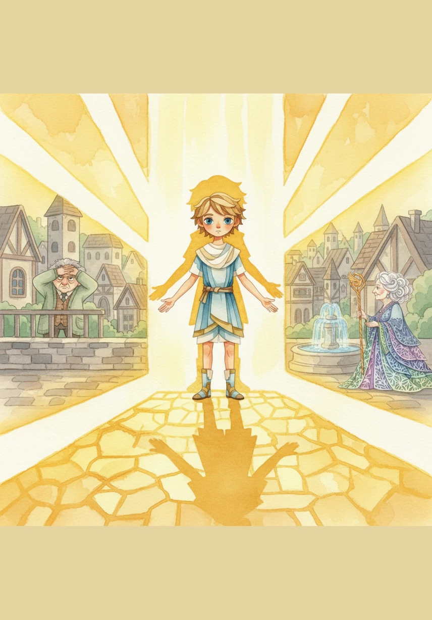 Suddenly, the ground beneath Leo’s feet ignites with a light more brilliant than any he has ever seen. His shadow is no longer just a reflection, but a permanent, golden masterpiece that illuminates the entire city of Umbra with a sincere, everlasting glow.