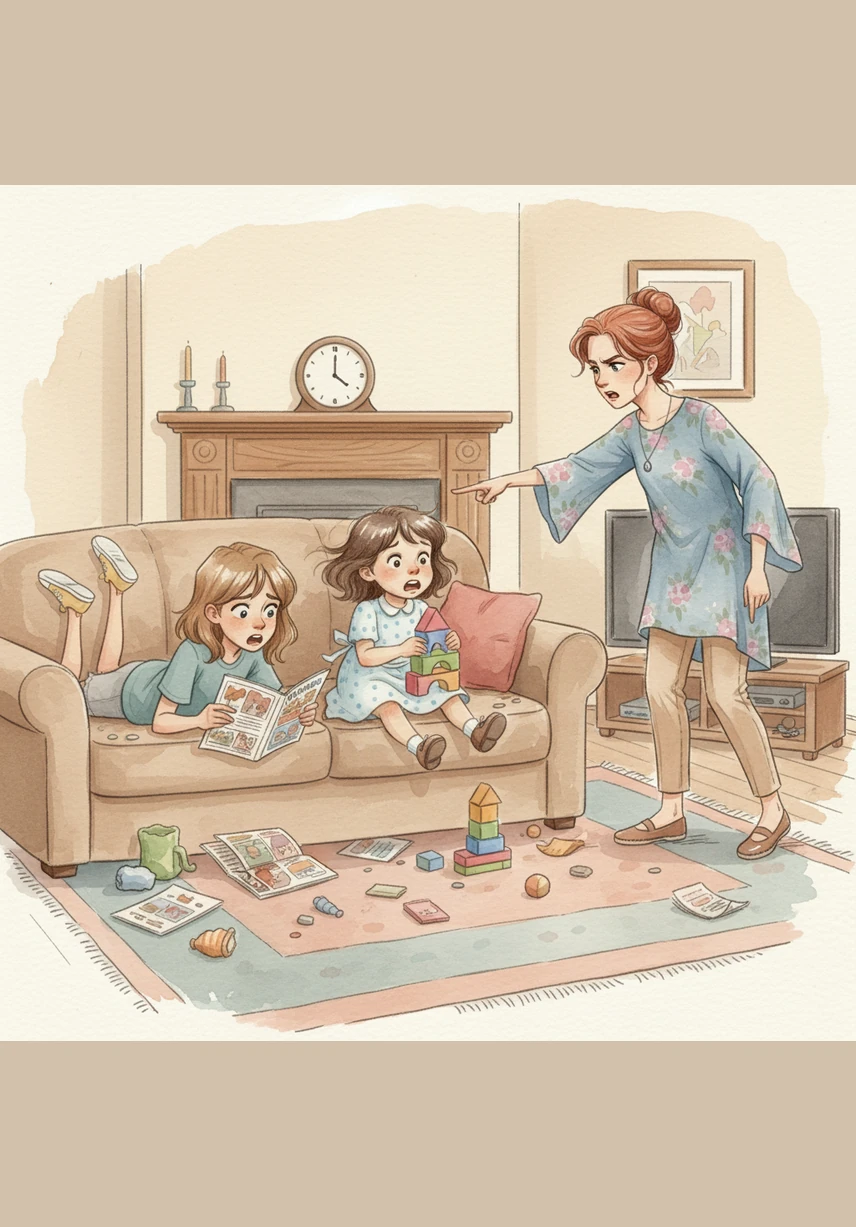 Downstairs in the living room, the girls were relaxing without a care in the world until Mum marched in with a stern expression. She pointed a finger and gave them a final warning: the room must be spotless in ten minutes, or there would be no dessert or TV tonight.