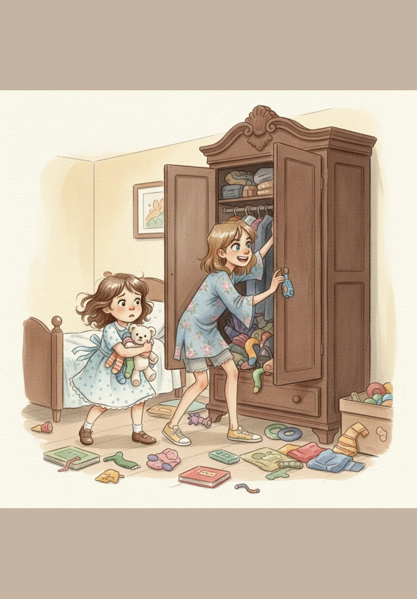 While Betty gathered up stray socks and fluffy teddy bears, Helen flung the massive wardrobe doors wide open. They began grabbing giant armfuls of the mess, preparing to make everything disappear into the dark depths of the closet.