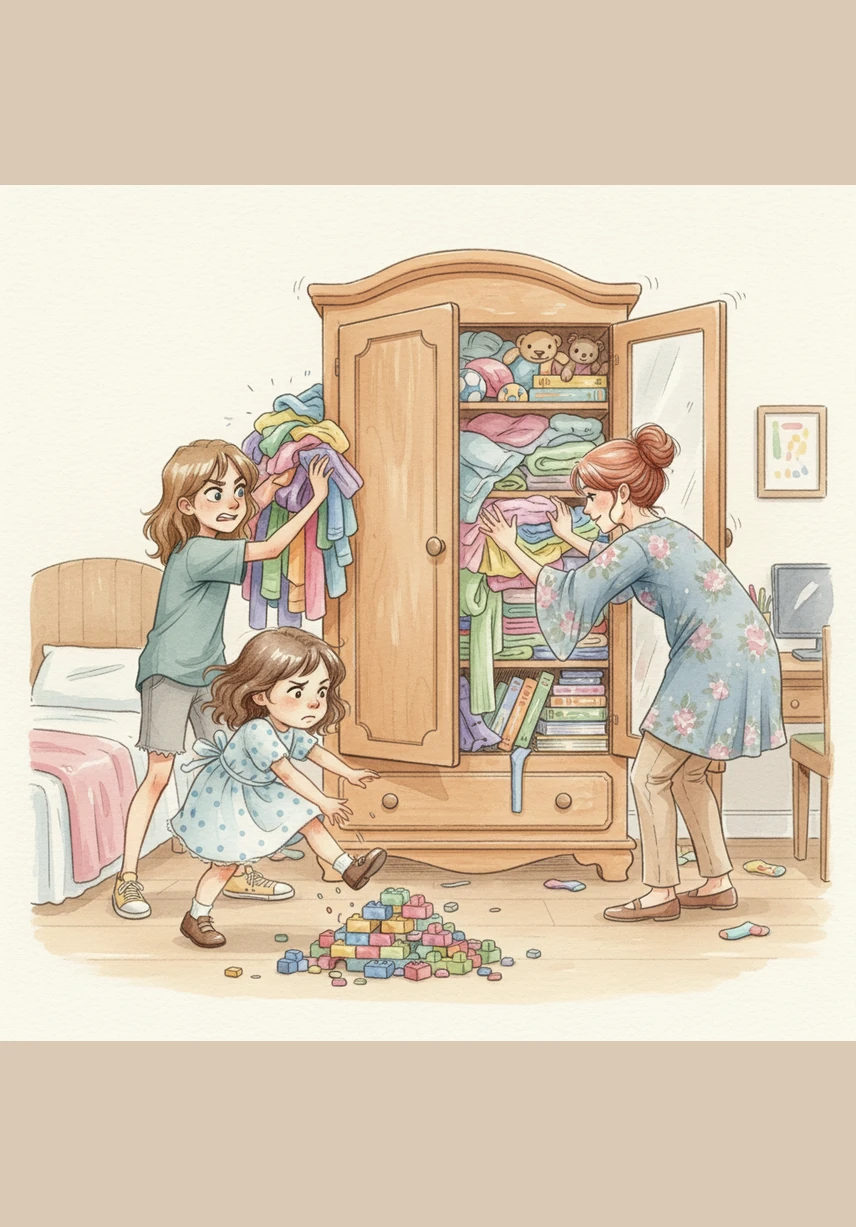 Together, they shoved, pushed, and even kicked the piles of laundry and plastic bricks into the crowded corners of the cupboard. The wardrobe groaned under the weight of the hidden chaos, but the girls didn't stop until the very last toy was squeezed inside.