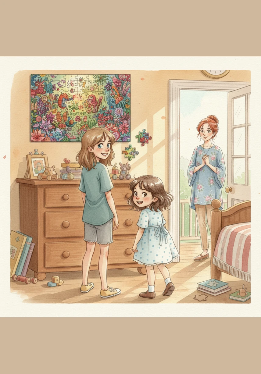 A few moments later, the bedroom looked suspiciously perfect, with every inch of the wooden floor finally visible and sparkling. The girls stood back to admire their handiwork, panting slightly but feeling very clever about their lightning-fast fix.