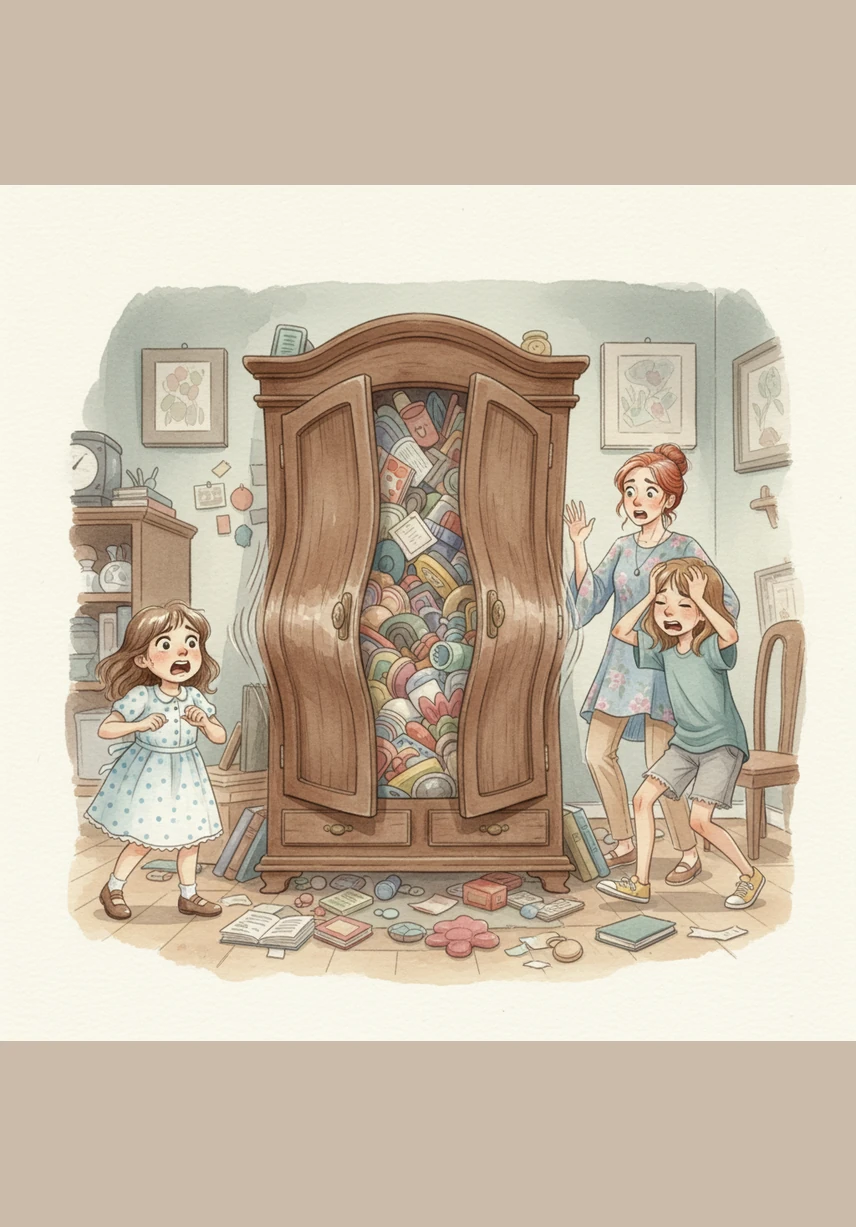 Just as the girls started to celebrate their success, a terrifying creak echoed through the silent room. The wardrobe doors began to tremble and bow outward, unable to hold back the massive mountain of things hidden inside.