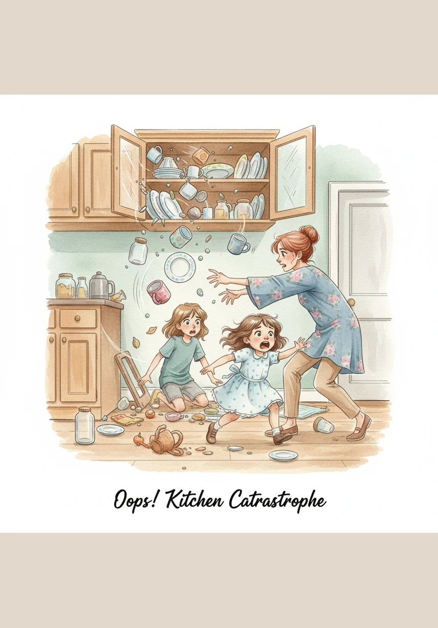 With a thunderous crash, the cupboard doors flew wide open and a massive avalanche of clothes and toys exploded into the room. The perfect floor was instantly buried once again under a colorful, tumbling wave of laundry and plastic gadgets.
