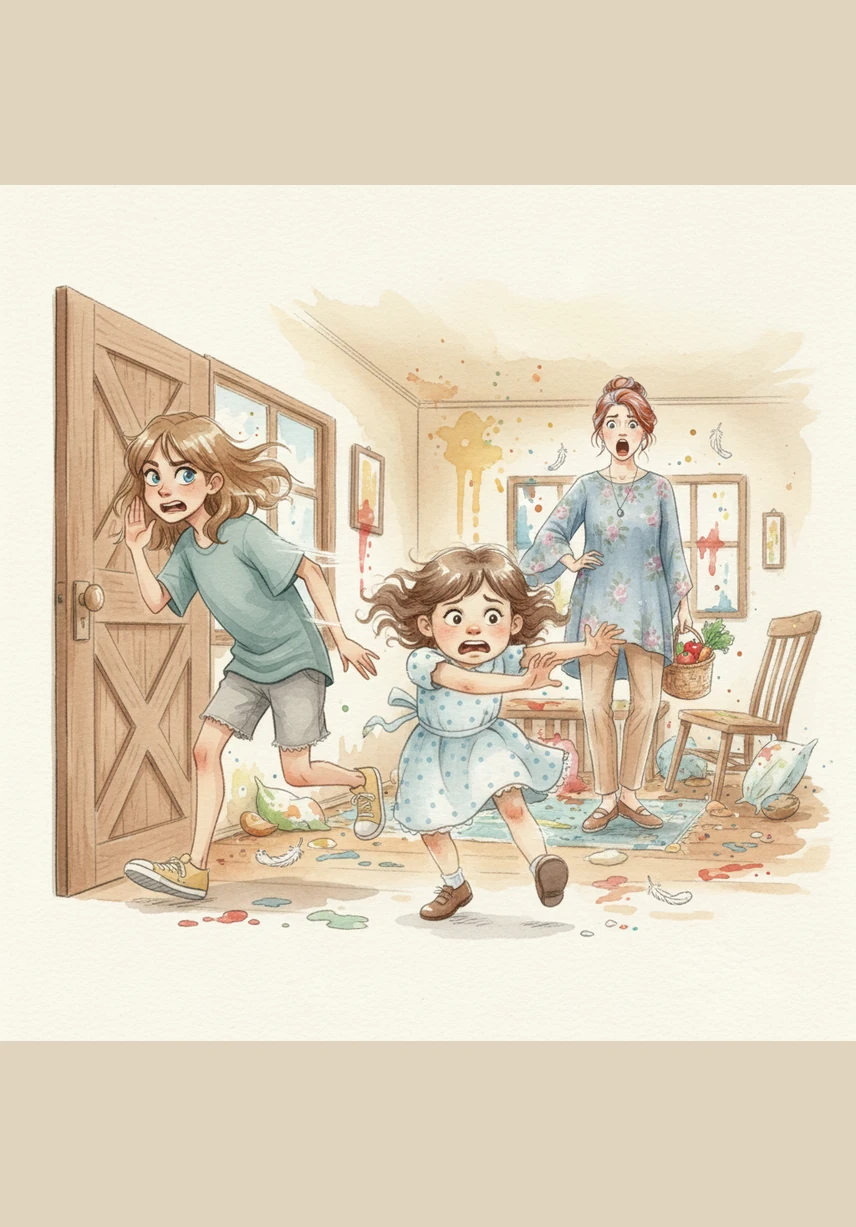 As Mum stood frozen in total shock amidst the new mess, Helen and Betty didn't wait around for the lecture. They bolted out of the door as fast as their legs could carry them, realizing their magic trick had turned into a total disaster.