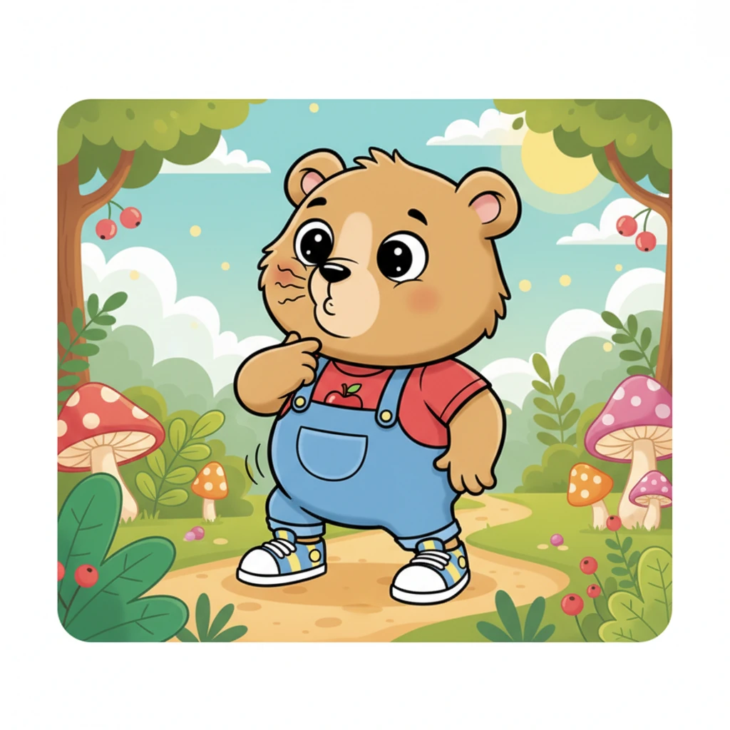 Este es Osito, un pequeño oso con grandes orejas y una barriga que empieza a rugir. Sus ojos redondos brillan con una pizca de hambre, y su nariz olfatea el aire, buscando algo delicioso. "¡Mmm, qué rico!", piensa Osito, mientras su estómago hace un pequeño sonido.