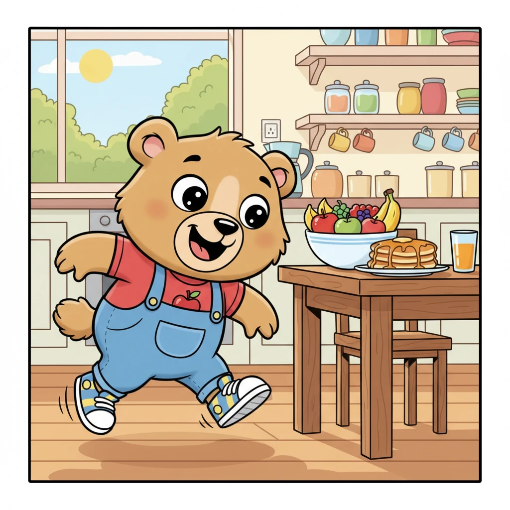 Con pasitos rápidos y patitas suaves, Osito se dirige hacia la mesa de la cocina. Sus pasos son alegres, casi un pequeño baile, anticipando la rica comida que sabe que lo espera. La mesa está cerca, y su cola se mueve con emoción.