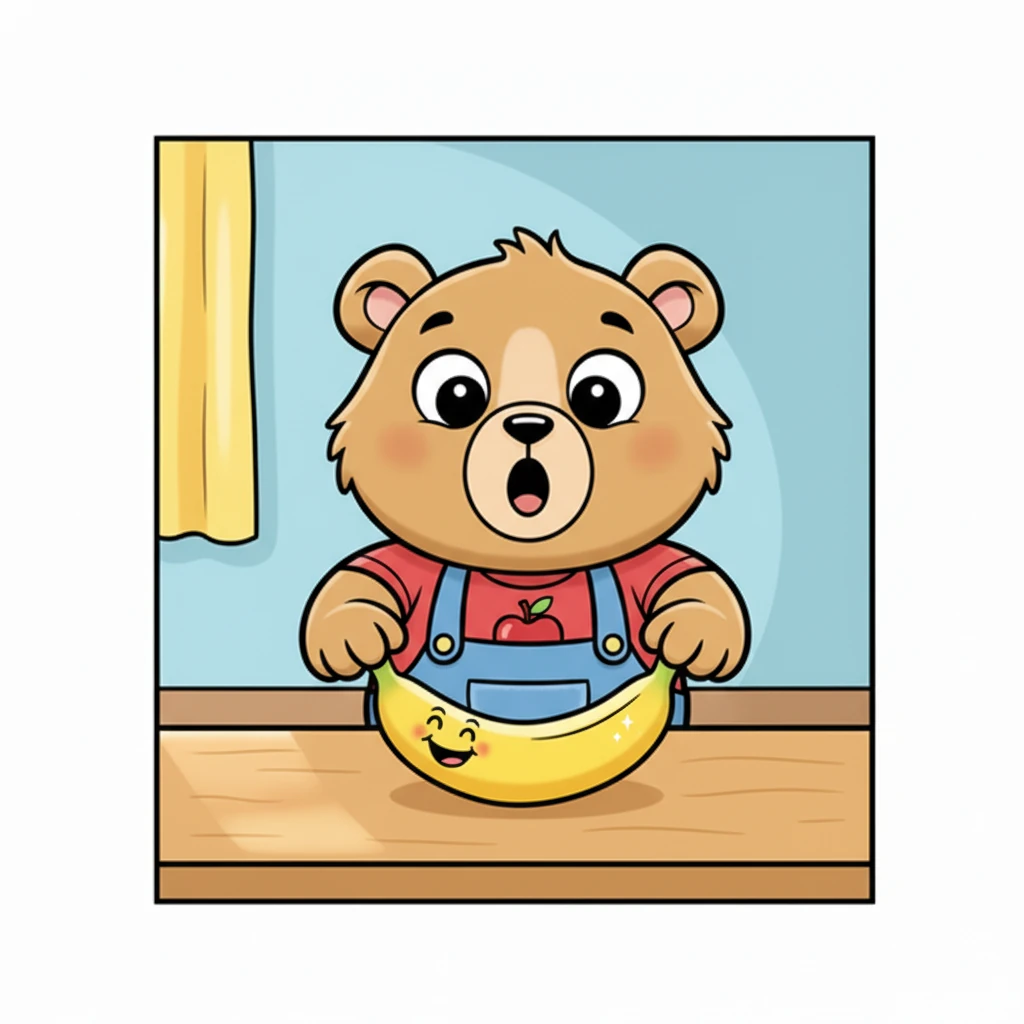 ¡Miren! En la mesa hay un brillante plátano amarillo, grande y curvo como una sonrisa. Osito estira su pata, sus ojos se abren de par en par con sorpresa y alegría al ver la fruta. Es el color del sol, prometiendo un sabor dulce y suave.