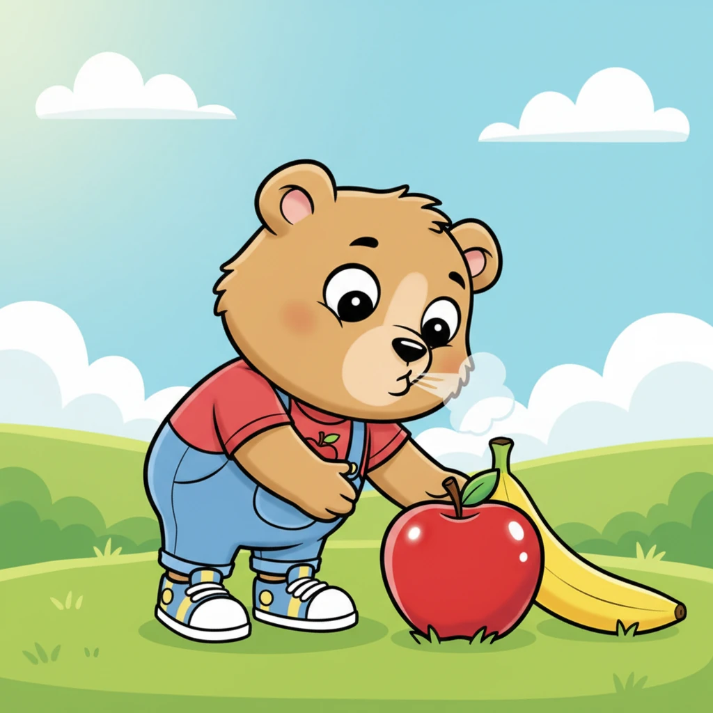 Al lado del plátano, hay una manzana roja y brillante, redonda y perfecta. Osito la mira con curiosidad, su nariz se arruga un poco mientras huele su aroma fresco. ¡Qué bonita es esta manzana, tan roja como un corazón!