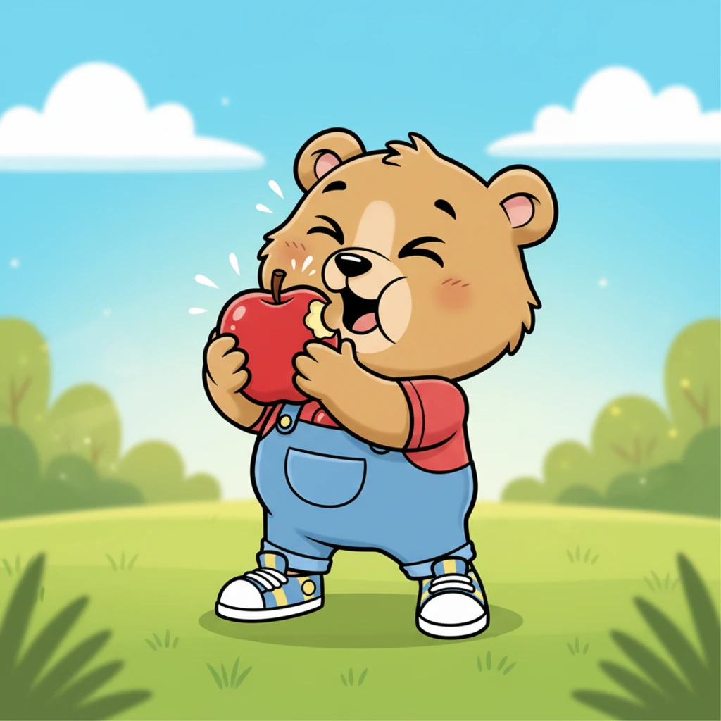 Con un pequeño "¡Cruj, cruj!", Osito muerde la manzana con sus dientecitos. El sonido es fuerte y divertido, y el jugo dulce llena su boca. Sus ojos se cierran un momento, saboreando el sabor fresco y un poco ácido.
